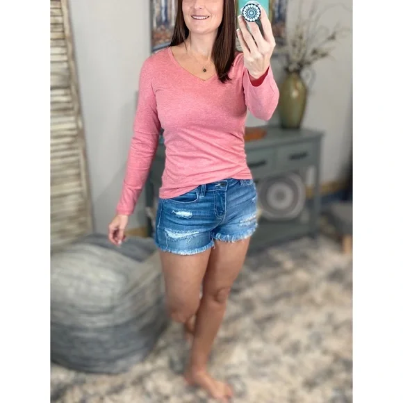 ❤️🔥V-Neck Long Sleeve Basic Slimming Top Marbled Red 1222 - Picture 10 of 12